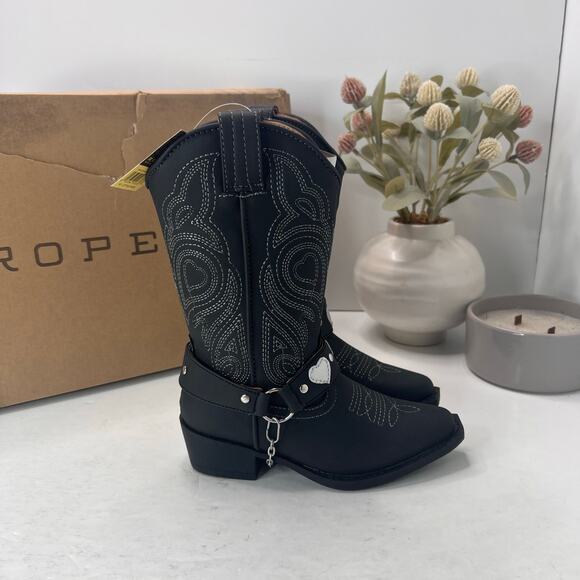 Roper Dale Faux Leather Snip Toe Heart Harness Western Boots Black Kids 10 NWB - Picture 3 of 11